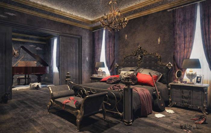 Goth bedroom interiors haunted mansion onward creepy vibrant queenie sigma